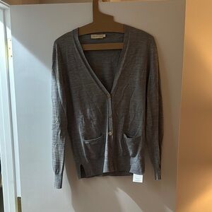 Tory Burch Gray Cardigan Sweater with Ribbed Trim